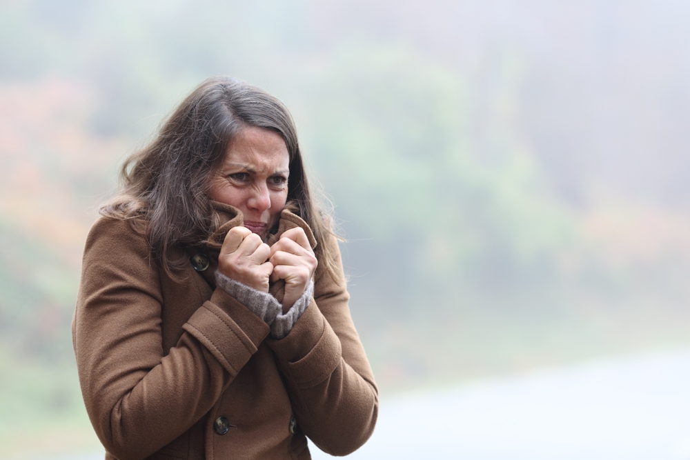 A woman in a brown coat stands outside, clutching her collar and shivering, with a misty, green landscape blurred in the background.